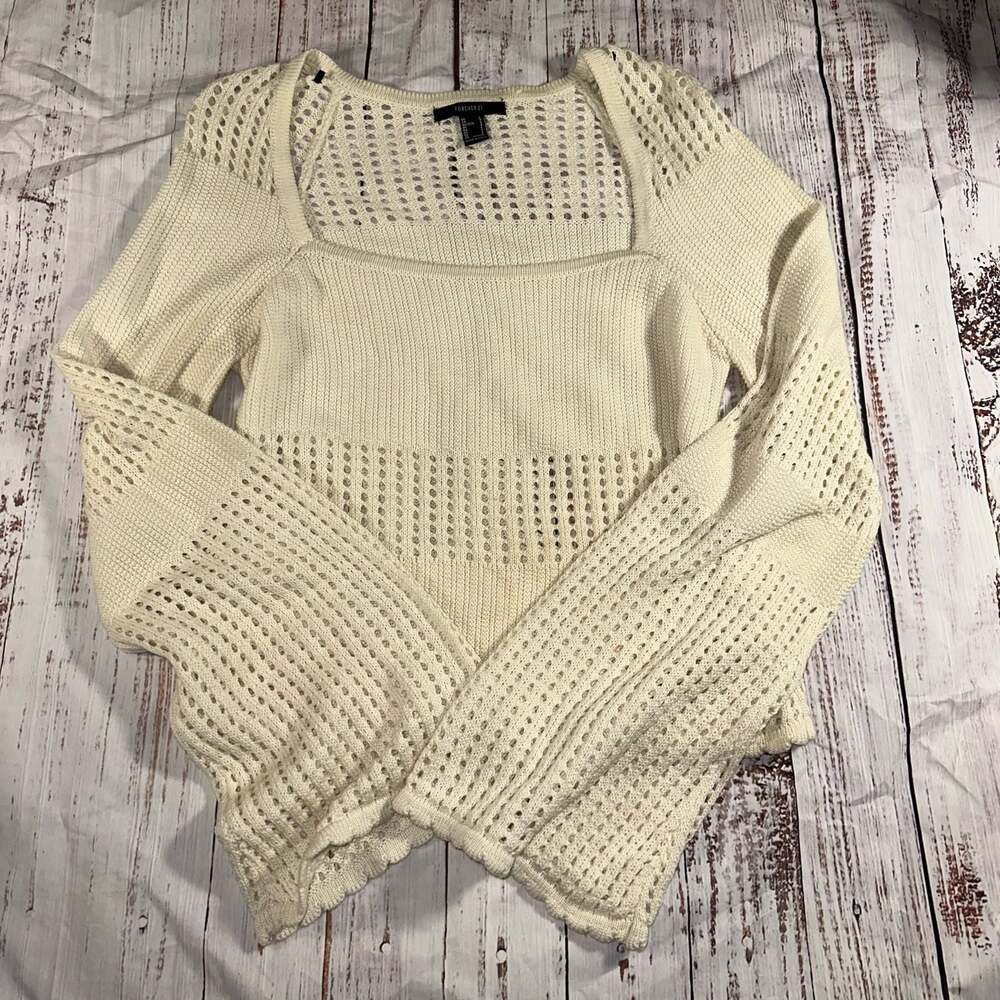 Forever 21 Cream Open Knit Long Sleeve Sweater